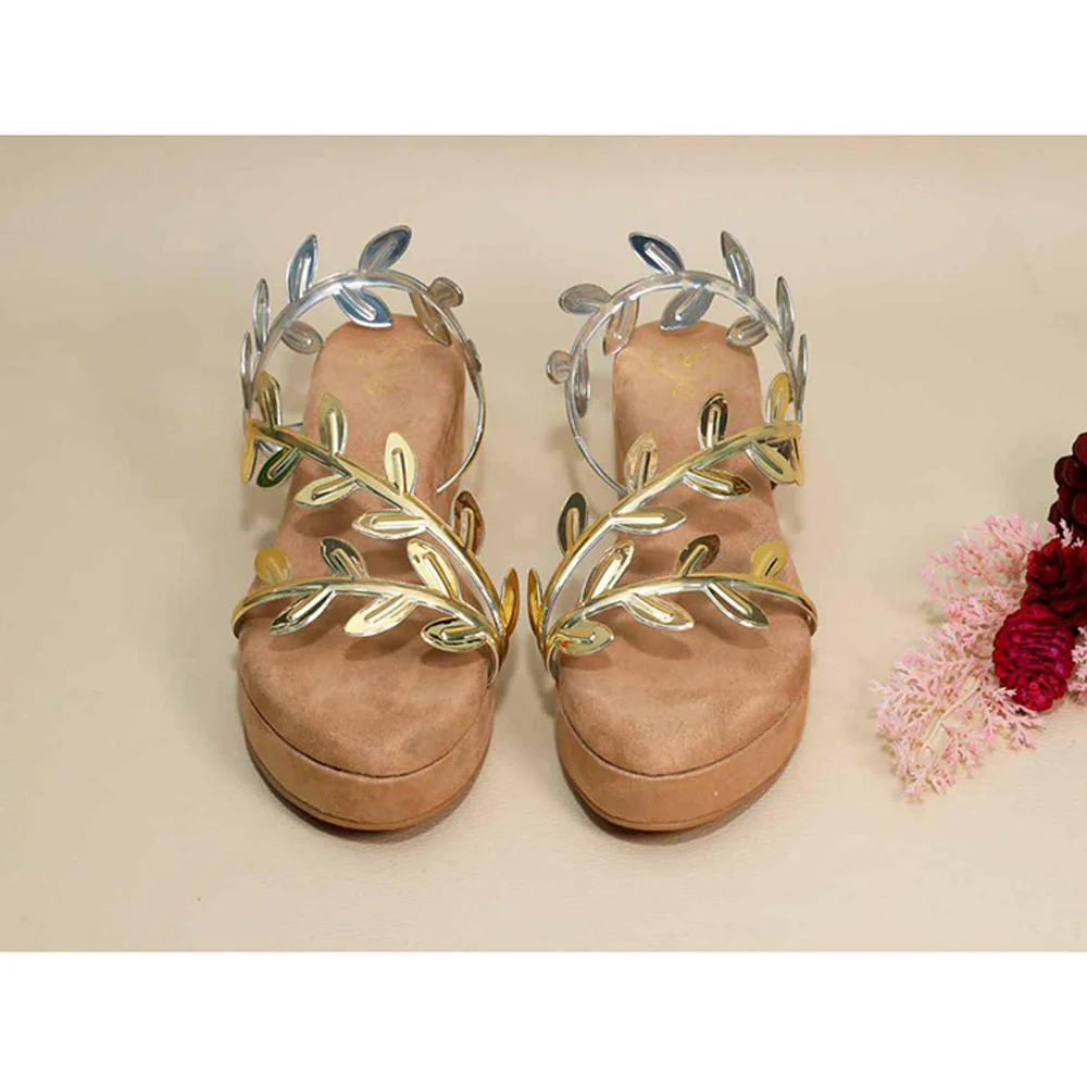 Sana K Luxurious Footwear Gold Leafy Beige Wedges - Image 2