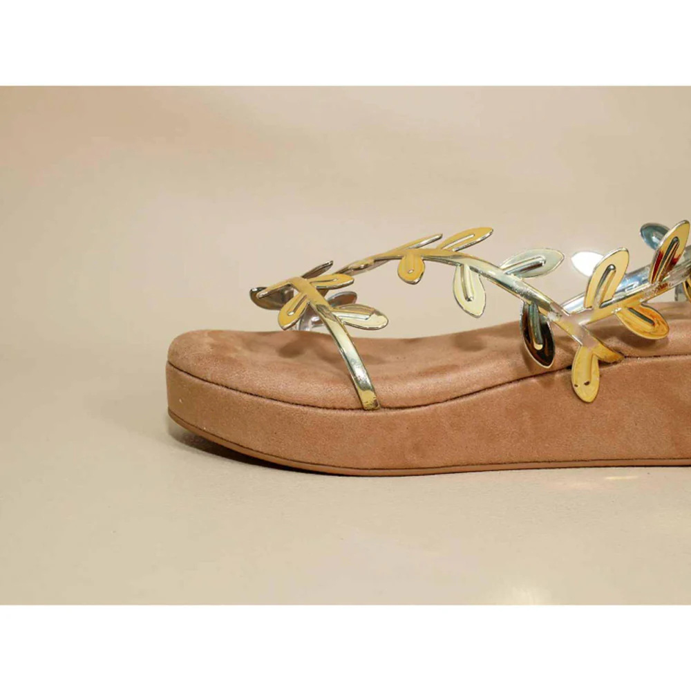 Sana K Luxurious Footwear Gold Leafy Beige Wedges - Image 3