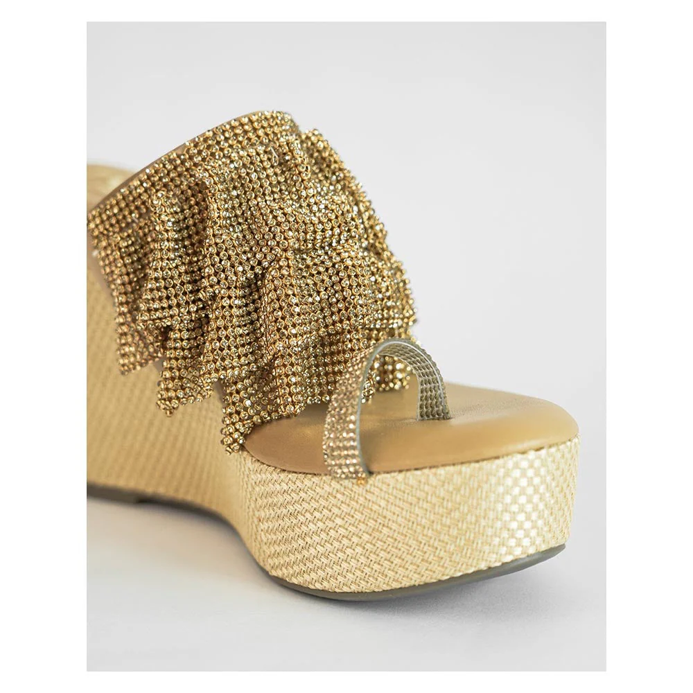 Sana K Luxurious Footwear Gold One Toe Slip-On Closure Mesh Wedge - Image 4