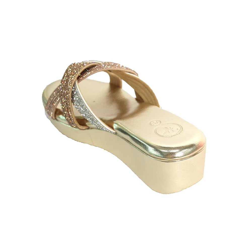 Sana K Luxurious Footwear Women Gold Round Toe Faux Trio Wedges Heels - Image 2