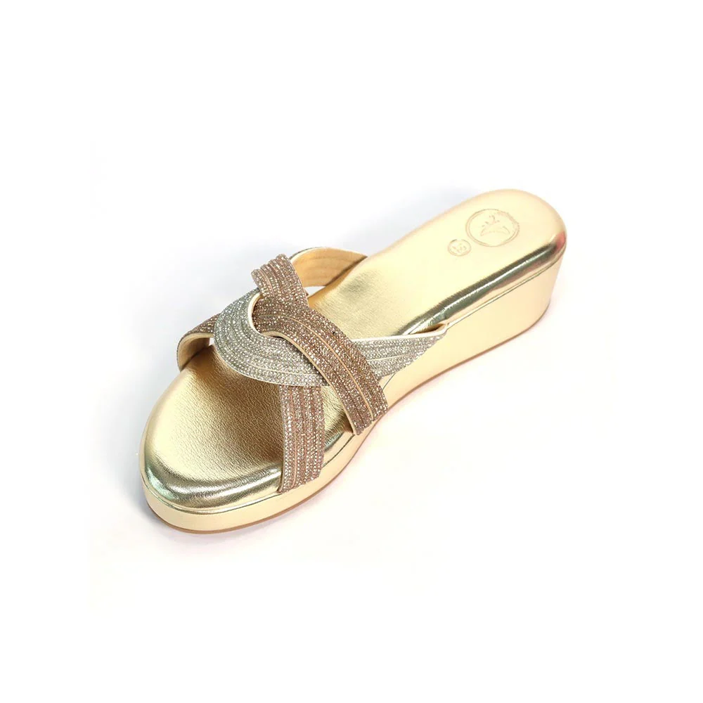 Sana K Luxurious Footwear Women Gold Round Toe Faux Trio Wedges Heels - Image 3