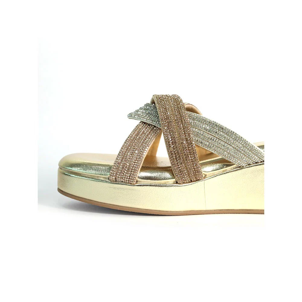 Sana K Luxurious Footwear Women Gold Round Toe Faux Trio Wedges Heels - Image 4