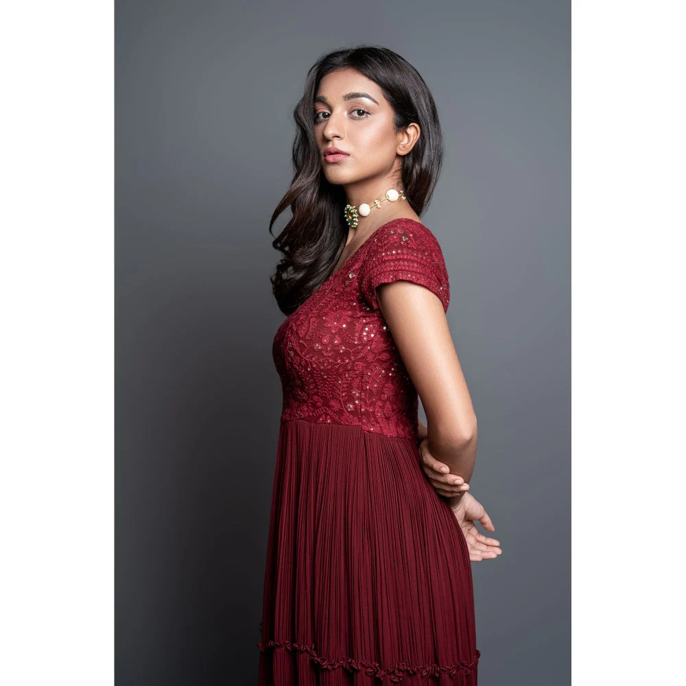 Shahmeen Husain Maroon Chikankari Pleated Maxi Dress with Dupatta (Set of 2) - Image 5