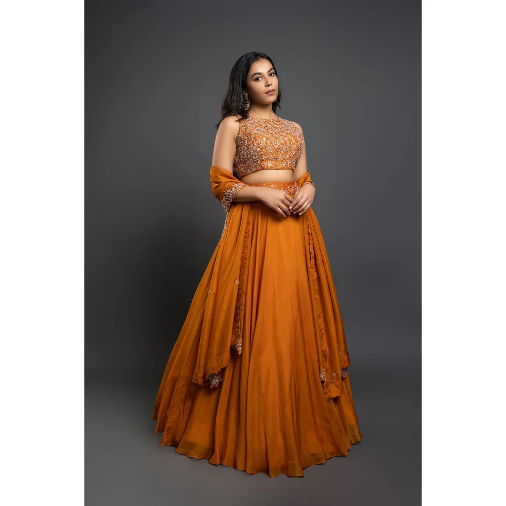 Shahmeen Husain Orange Embroidered Lehenga Blouse & Dupatta (Set of 3) - Image 3