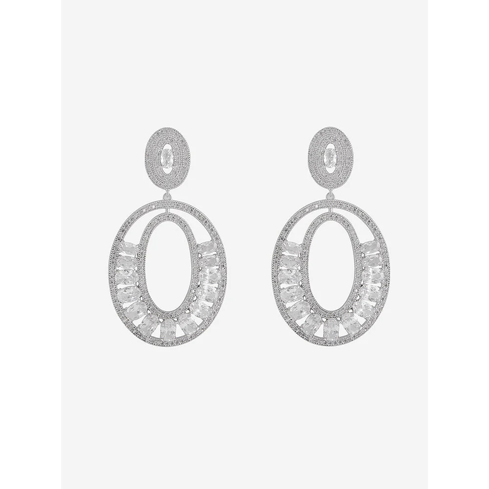 Shaze Silver Rhodium-Plated Cubic Zirconia Elongate Oval Drop Earrings for Women - Image 3