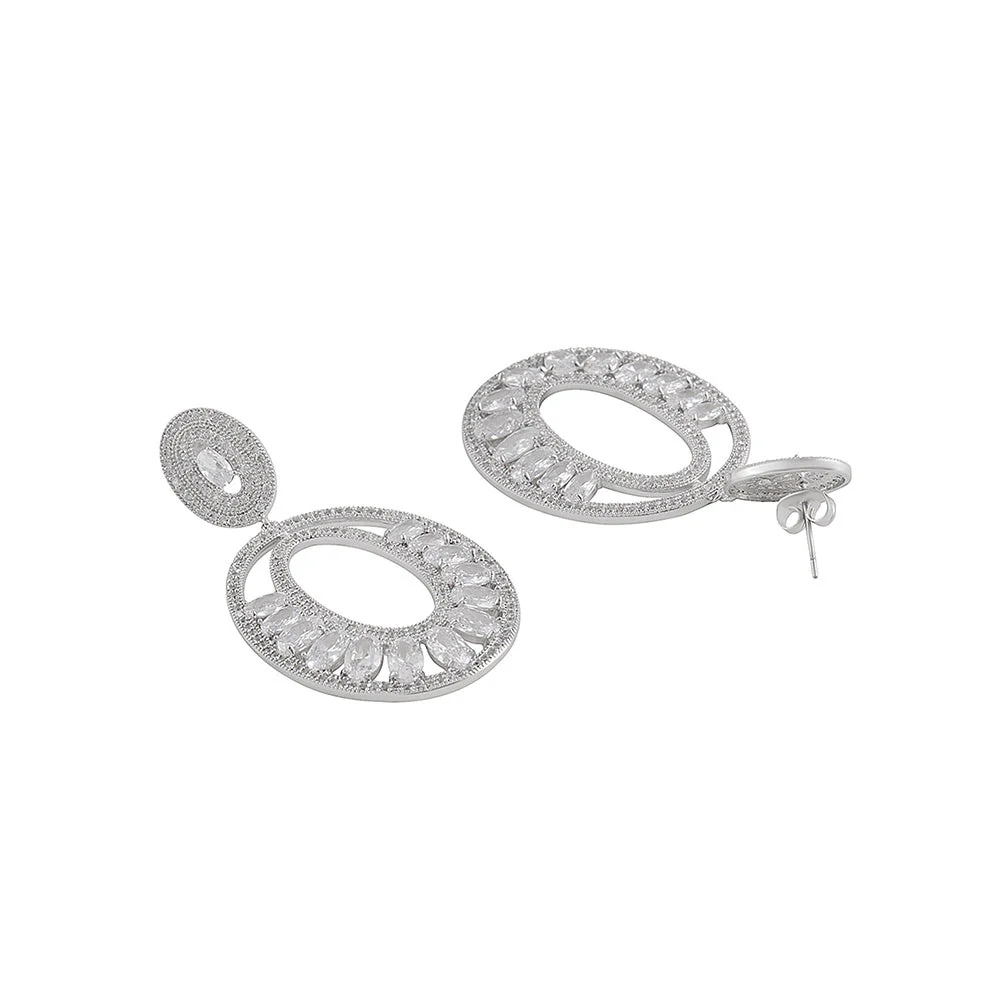 Shaze Silver Rhodium-Plated Cubic Zirconia Elongate Oval Drop Earrings for Women - Image 4
