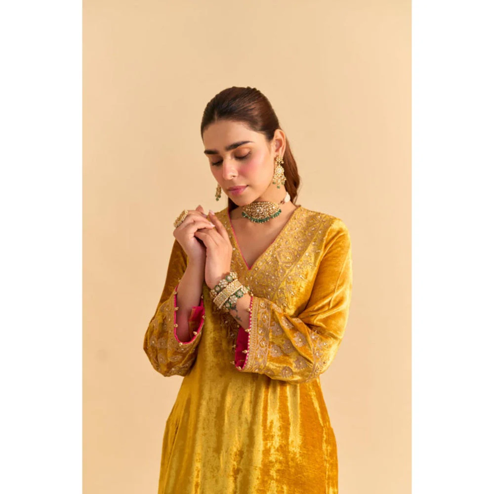 Sheetal Batra Aynaz Mustard Velvet Embroidered Kurta With Salwar - Image 2