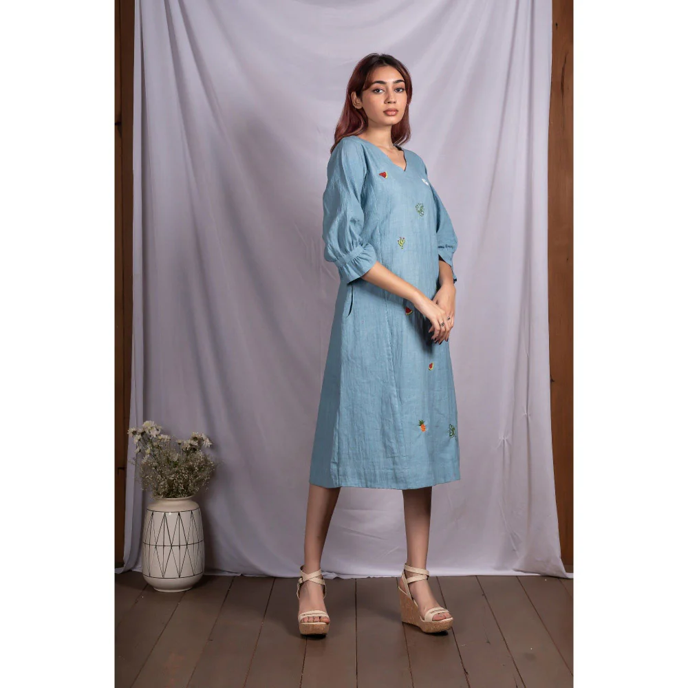Silai Studio Blue Tropical Elements Midi Dress - Image 3