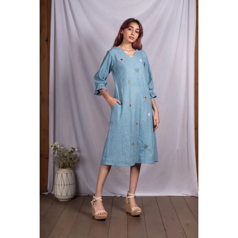 Silai Studio Blue Tropical Elements Midi Dress - Image 5