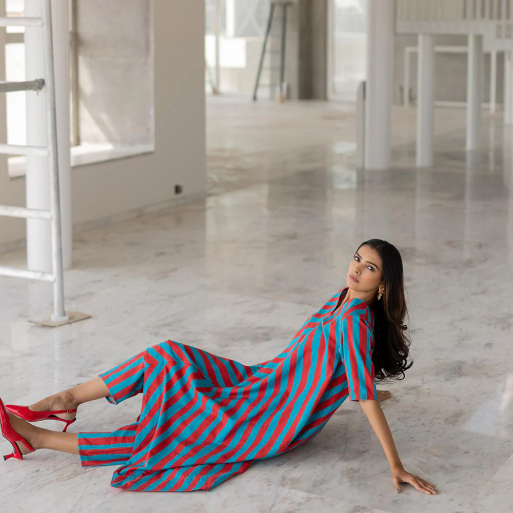 Silai Studio Poppy and Blue Stripe Kurta - Image 3