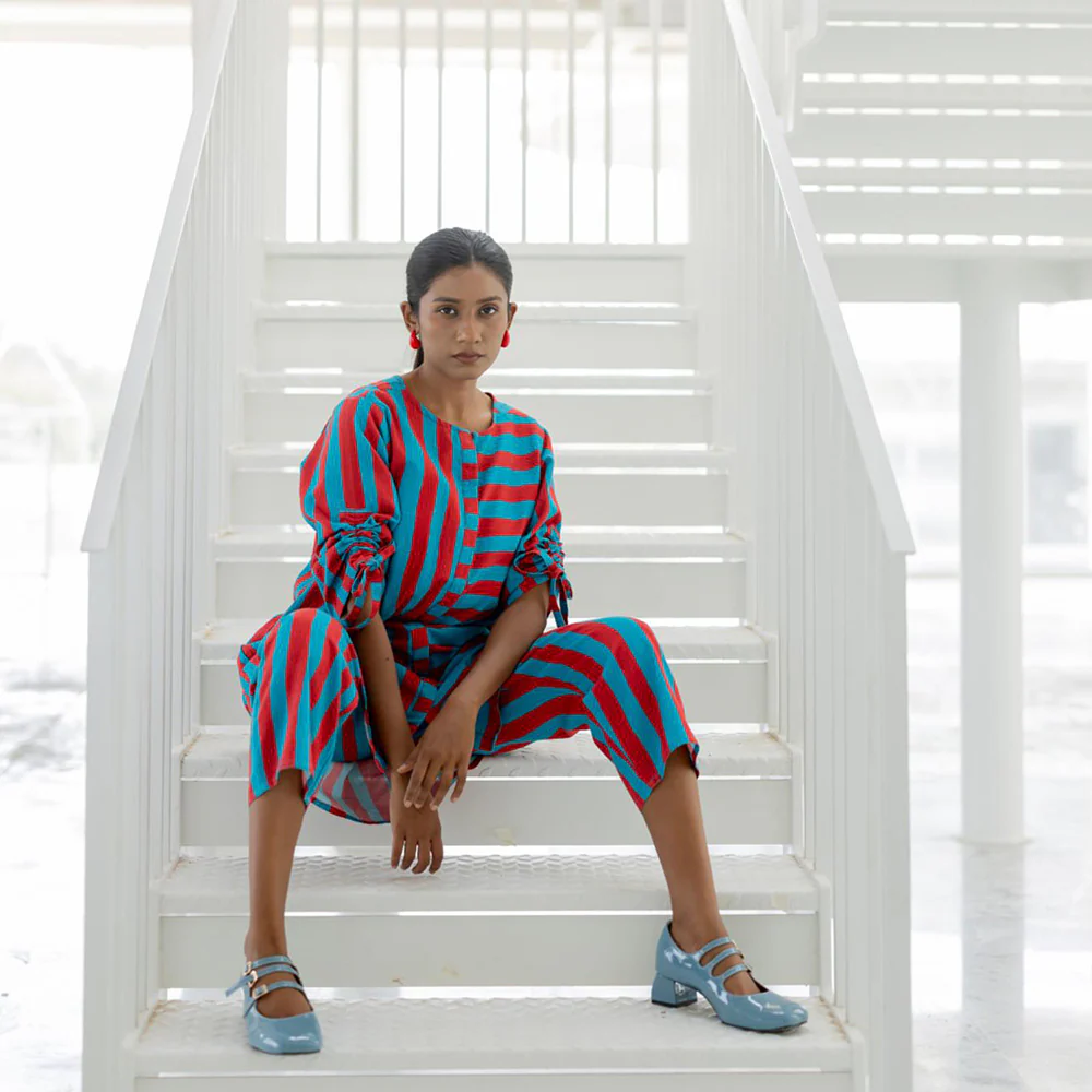 Silai Studio Poppy and Blue Stripe Kurta - Image 2