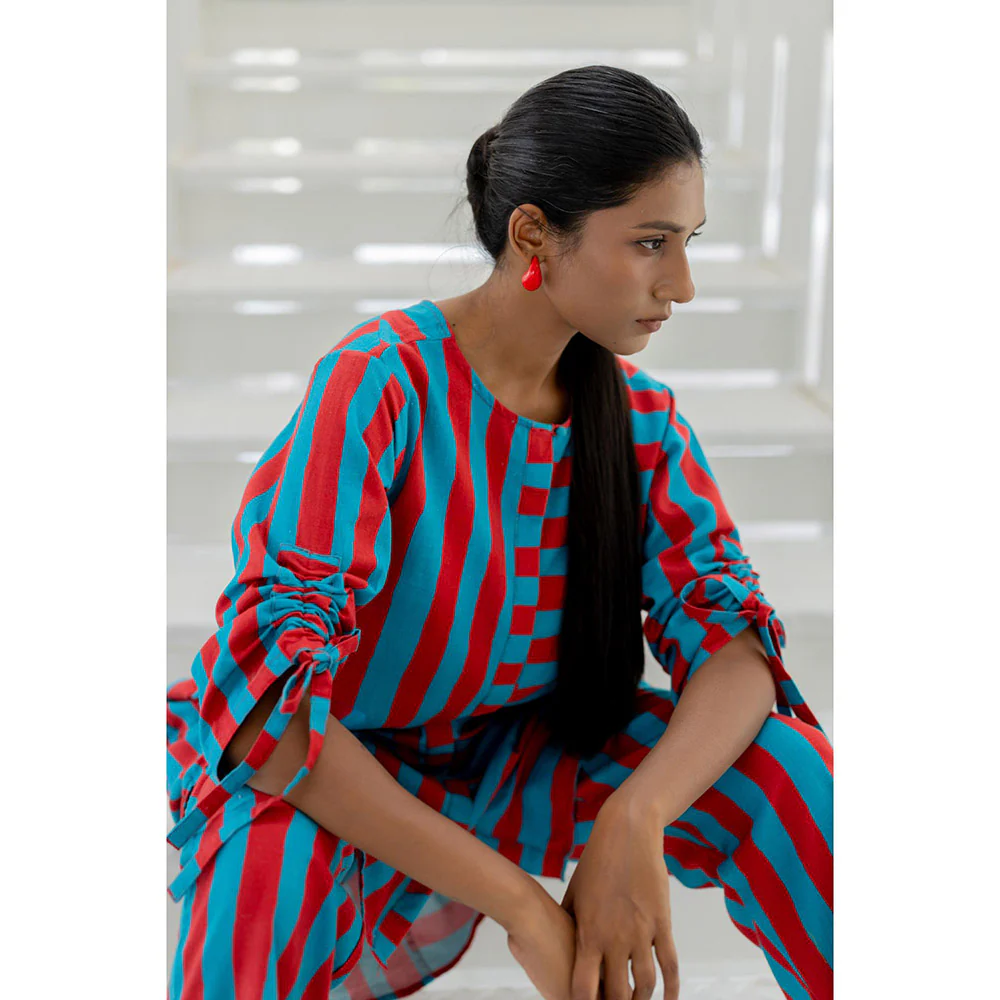 Silai Studio Poppy and Blue Stripe Kurta - Image 3
