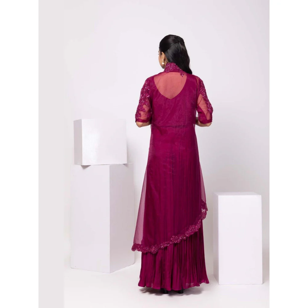 SMRITI Magenta Crop Top with Pleated Skirt and Cape - Image 4