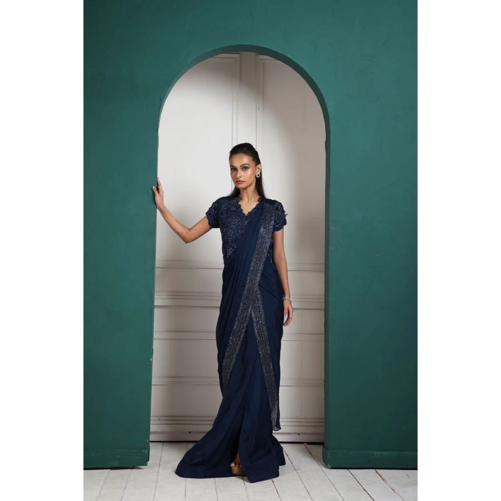 SMRITI Midnight Elegance Embellished Pre-Draped Saree with Stitched Blouse