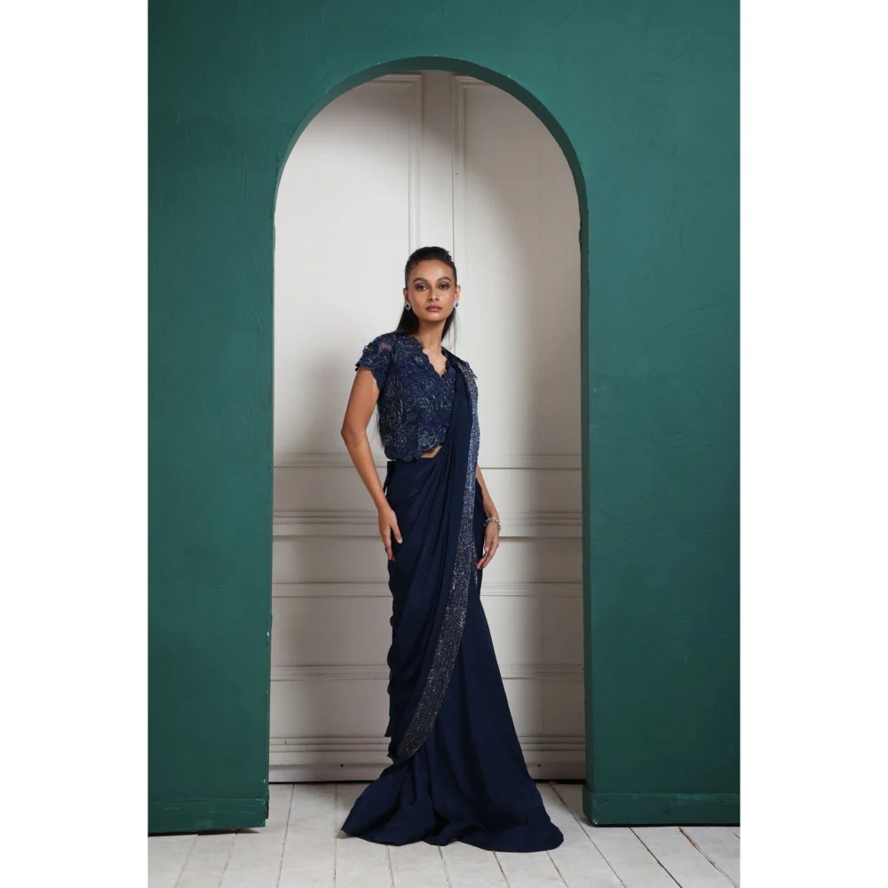 SMRITI Midnight Elegance Embellished Pre-Draped Saree with Stitched Blouse - Image 2