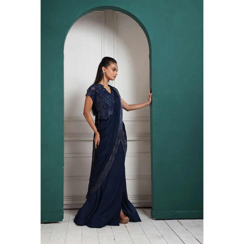 SMRITI Midnight Elegance Embellished Pre-Draped Saree with Stitched Blouse - Image 3