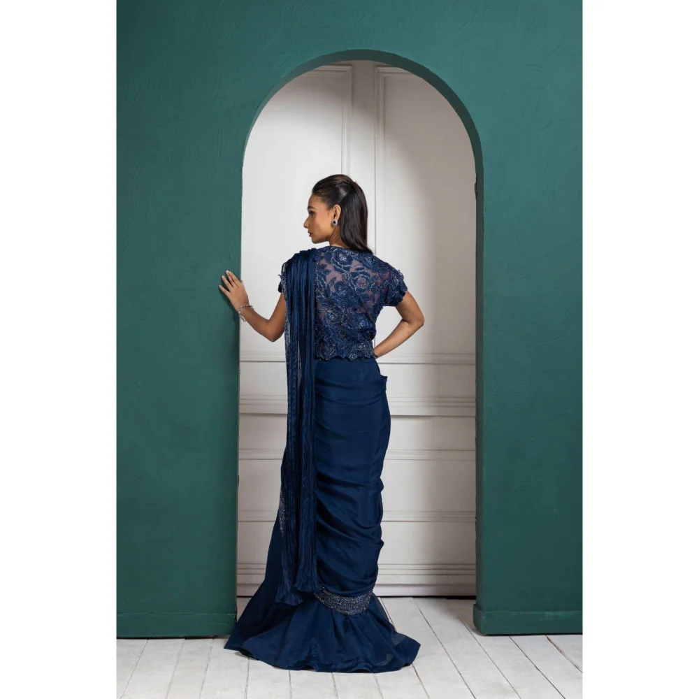 SMRITI Midnight Elegance Embellished Pre-Draped Saree with Stitched Blouse - Image 4