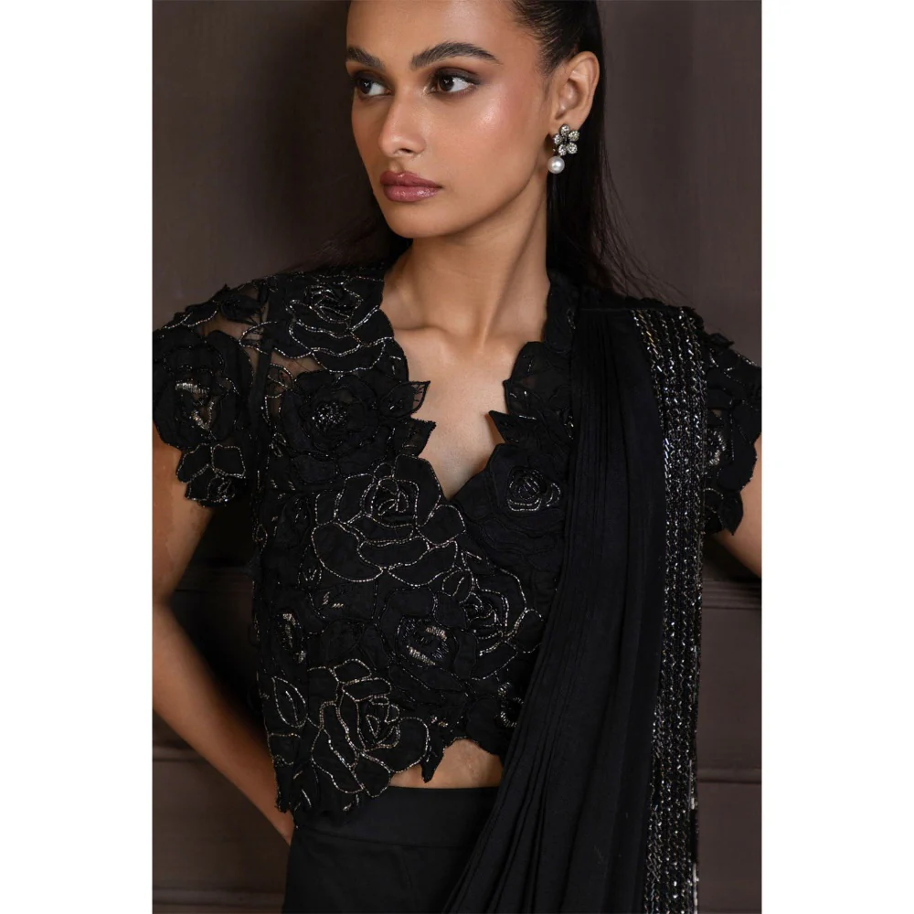 SMRITI Twilight Elegance Embellished Pre-Draped Saree with Stitched Blouse - Image 3
