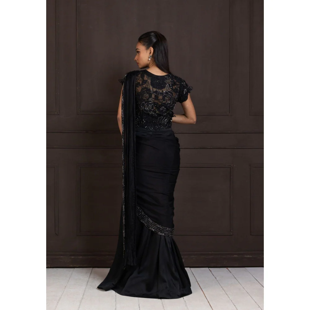 SMRITI Twilight Elegance Embellished Pre-Draped Saree with Stitched Blouse - Image 4