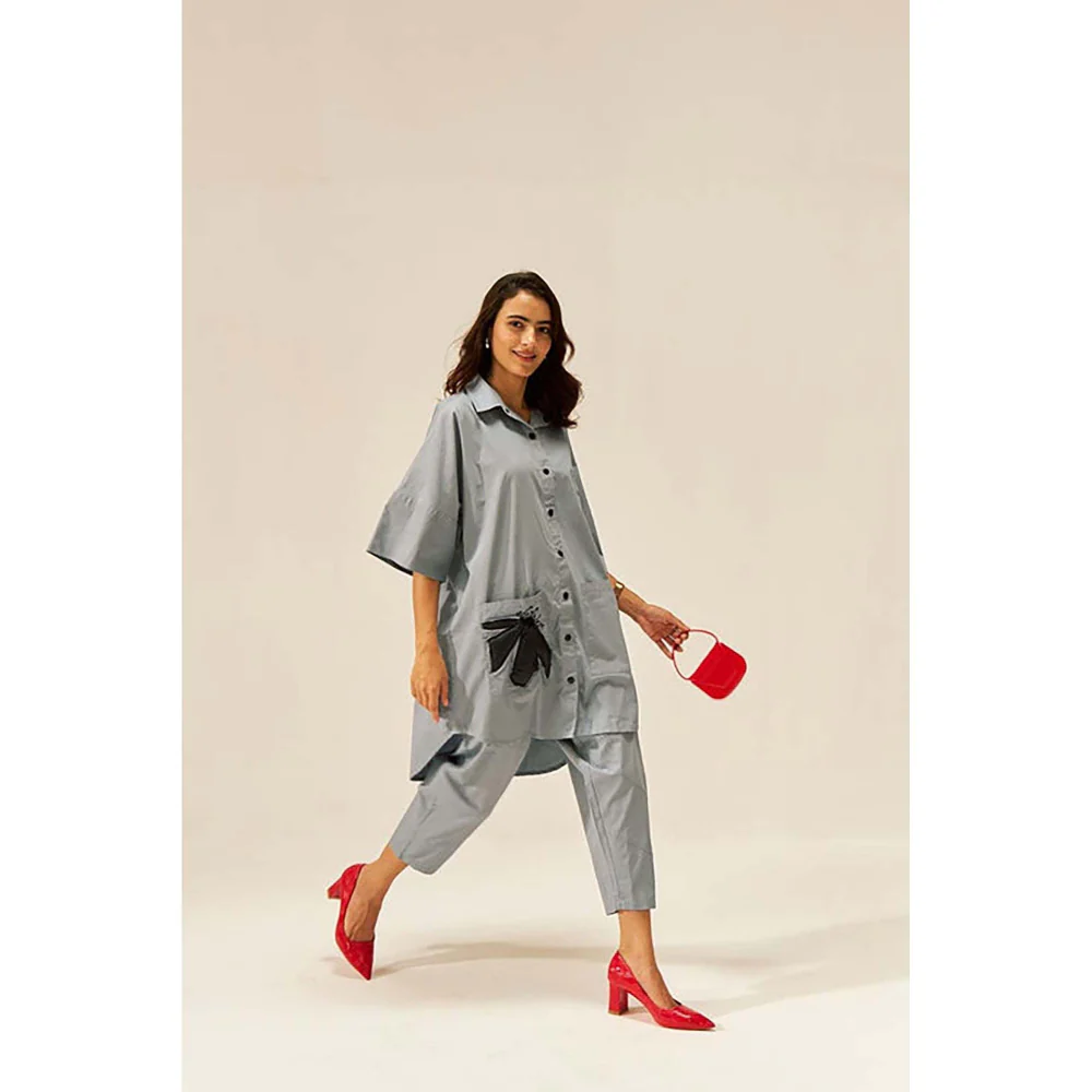 SPACE Two Piece Grey Tunic Style Shirt And Elasticated Pant