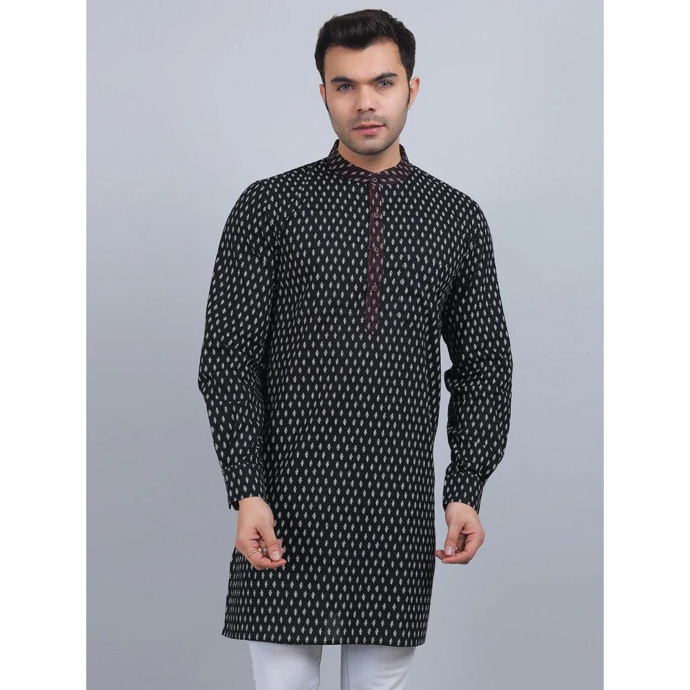 Spring Soul Black Cotton Full-Sleeves Band Collar Kurta In Comfort Fit