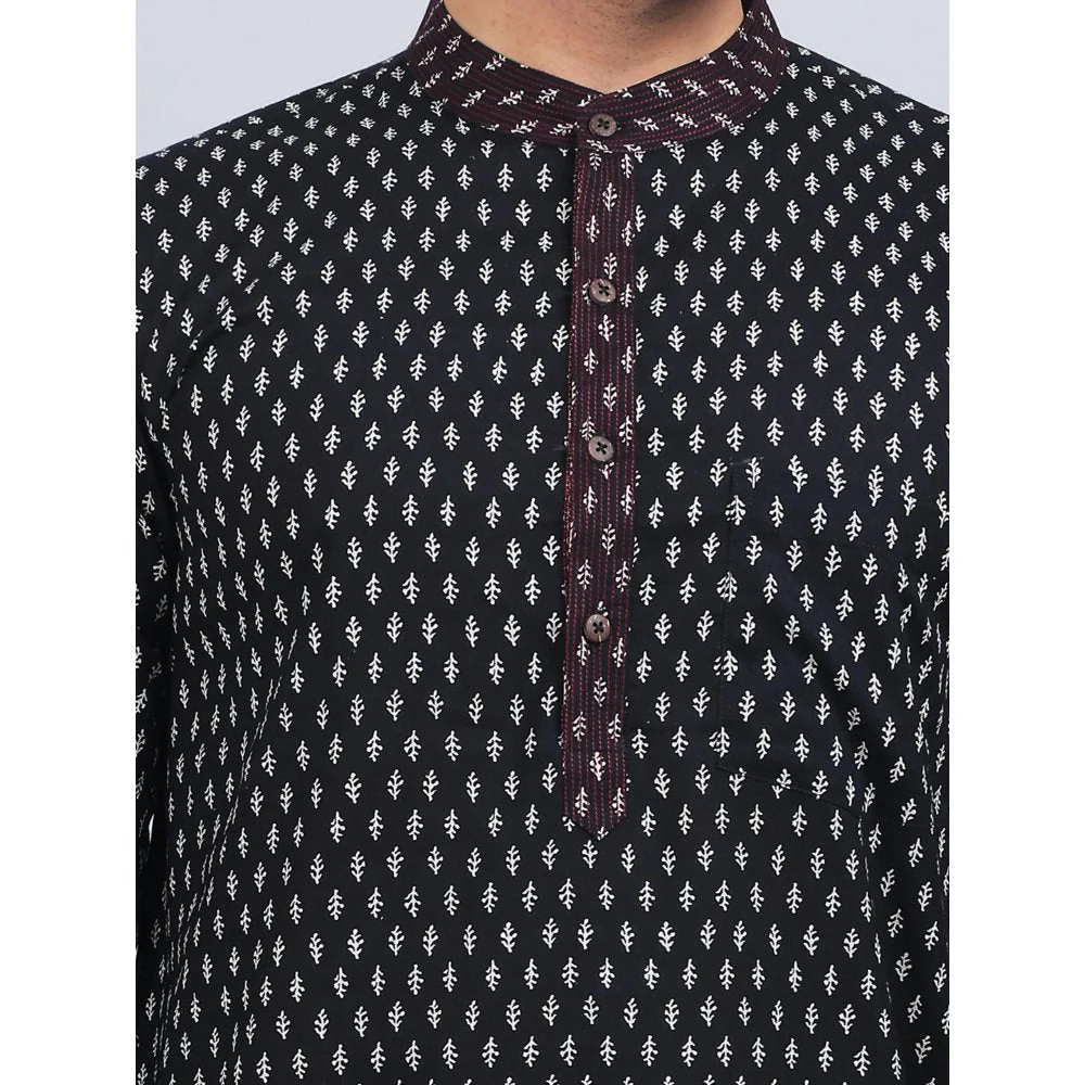 Spring Soul Black Cotton Full-Sleeves Band Collar Kurta In Comfort Fit - Image 3