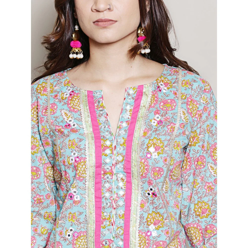 Spring Soul Floral Printed Blue Gota Mirrorwork Kurta Dhoti Pant and Dupatta (Set of 3) - Image 3