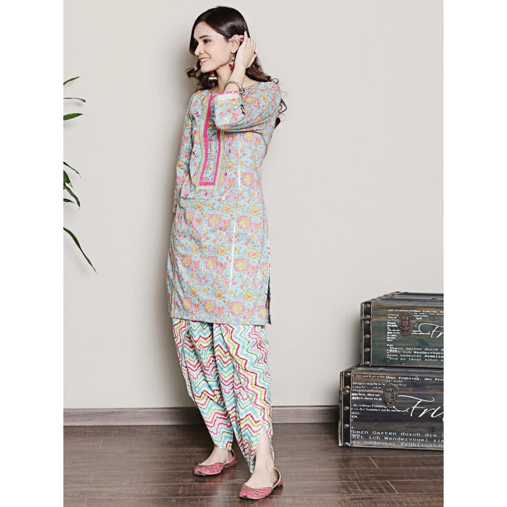 Spring Soul Floral Printed Blue Gota Mirrorwork Kurta Dhoti Pant and Dupatta (Set of 3) - Image 4