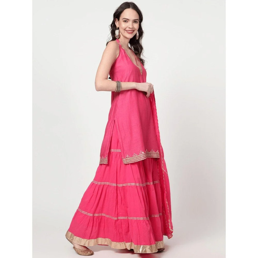 Spring Soul Fuchsia Pink Chanderi Silk Sharara with Kurta and Dupatta (Set of 3) - Image 2