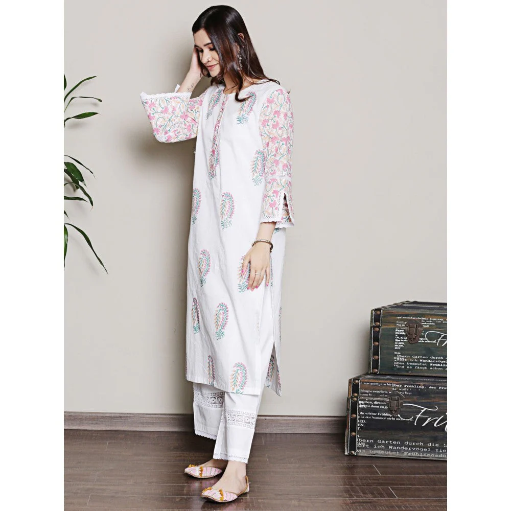 Spring Soul Mix-N-Match White-Pink Mughal Print Kurta and Pant with Dupatta (Set of 3) - Image 6