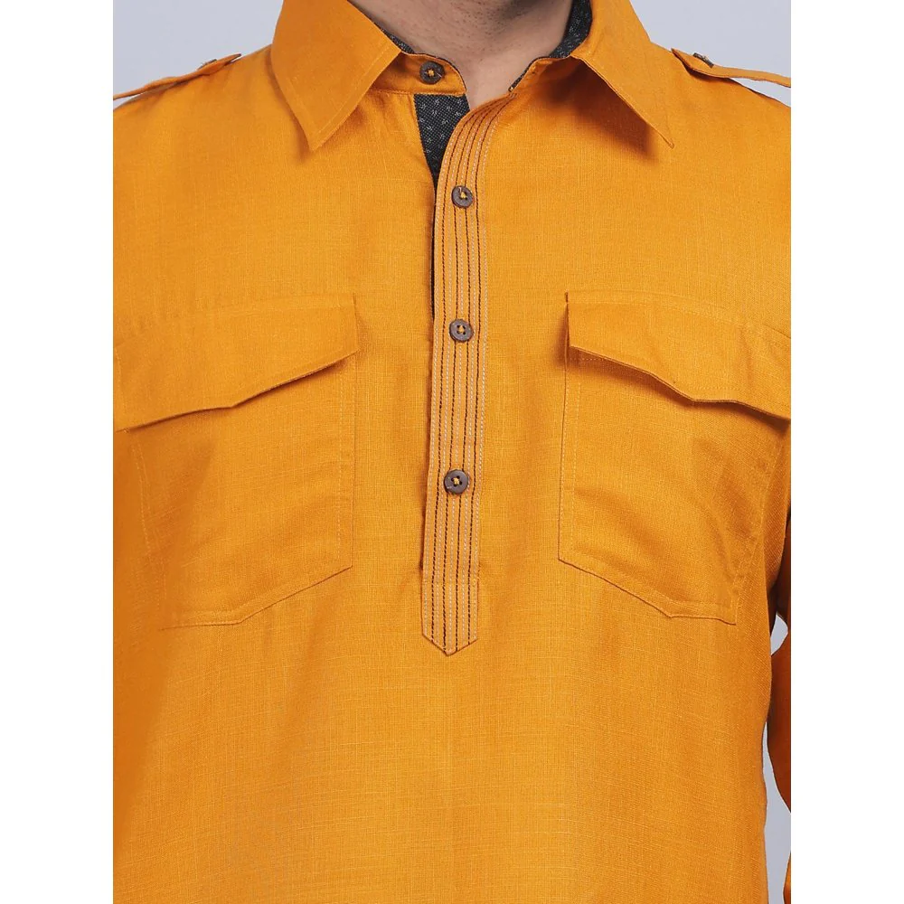 Spring Soul Mustard Cotton Pathani Full-Sleeves Shirt Collar Kurta In Comfort Fit - Image 3