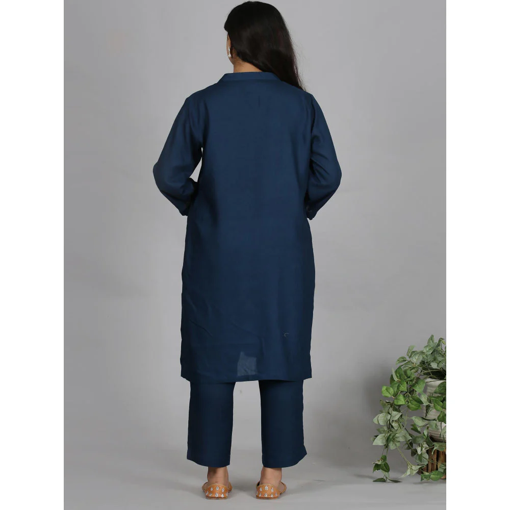 Spring Soul Navy Blue Solid Viscose Kurta with Pant (Set of 2) - Image 3