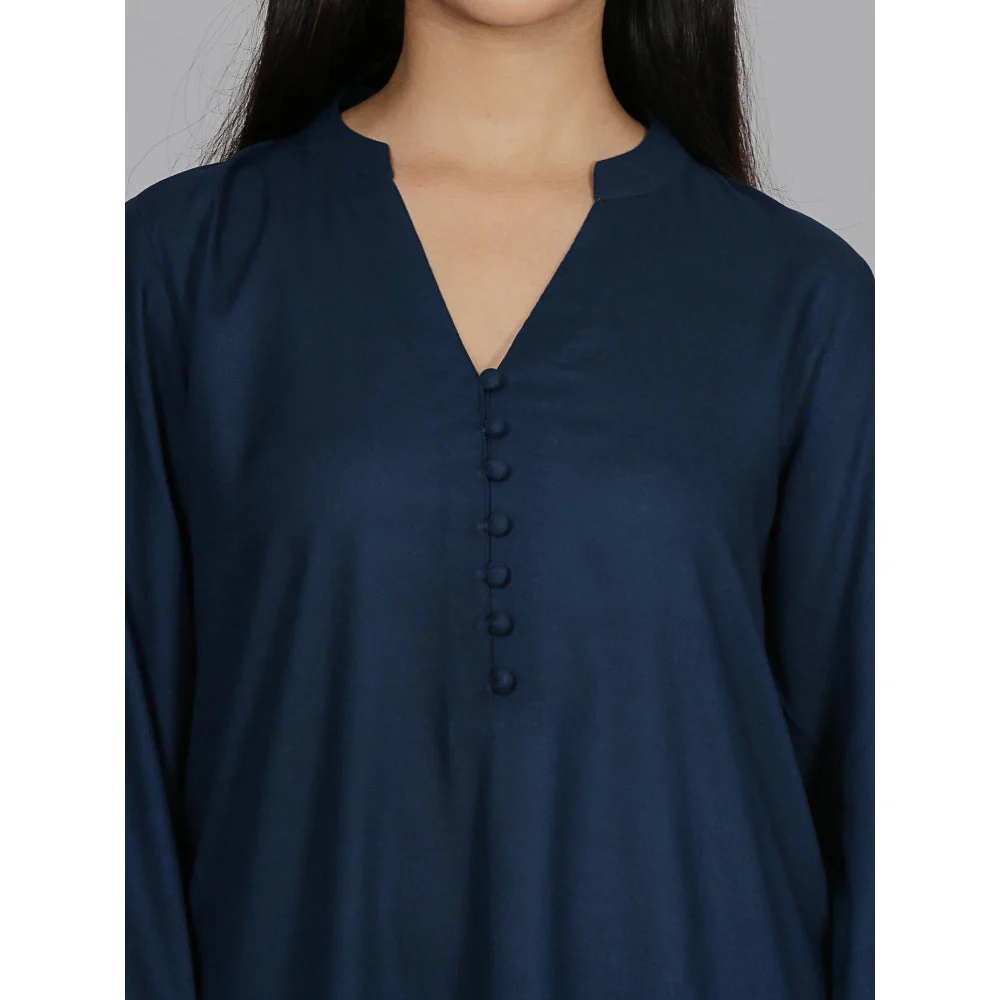 Spring Soul Navy Blue Solid Viscose Kurta with Pant (Set of 2) - Image 4