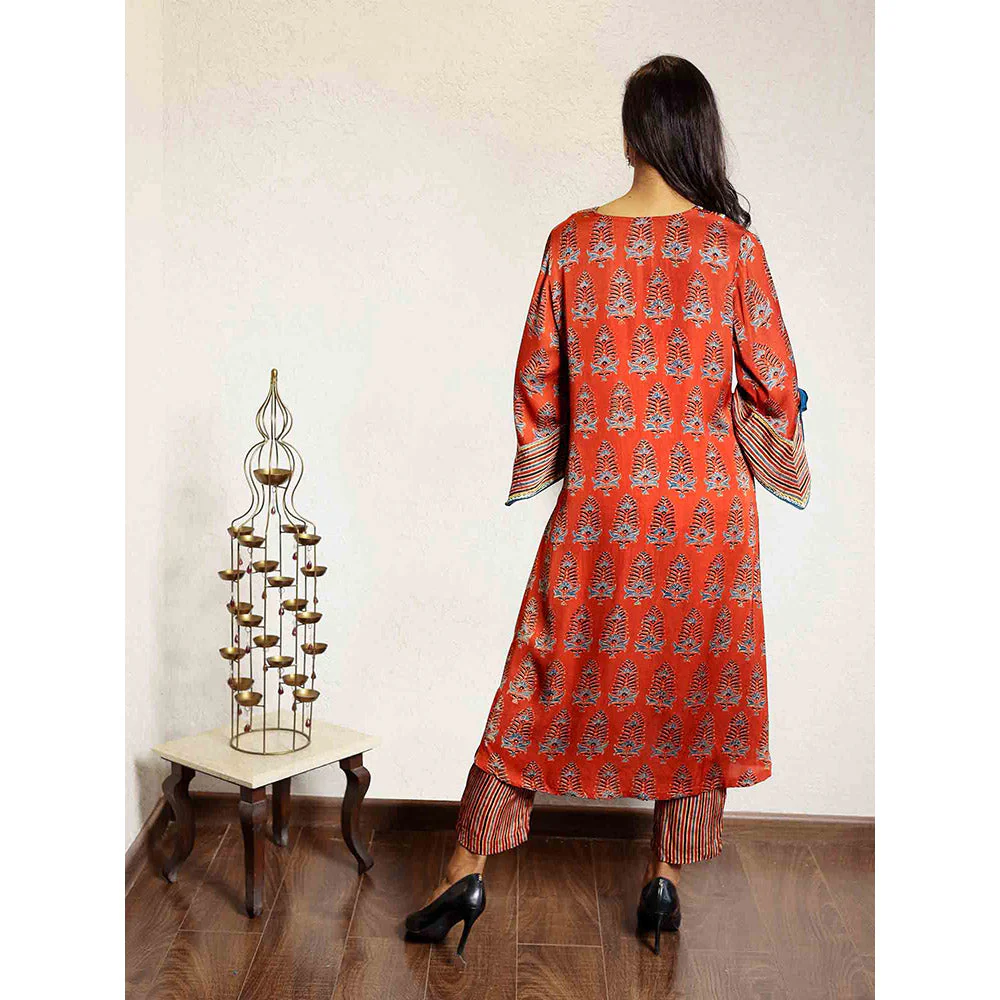 Spring Soul Red Ajrakh Printed Modal Silk Kurta with Bell Sleeves - Image 2