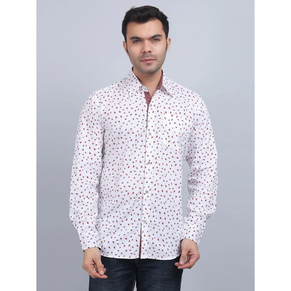 Spring Soul White Cotton Printed Full Sleeves Shirt