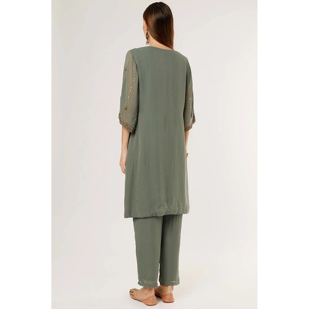 Studio A Olive Green Embroidered Kurta with Pant (Set of 2) - Image 2