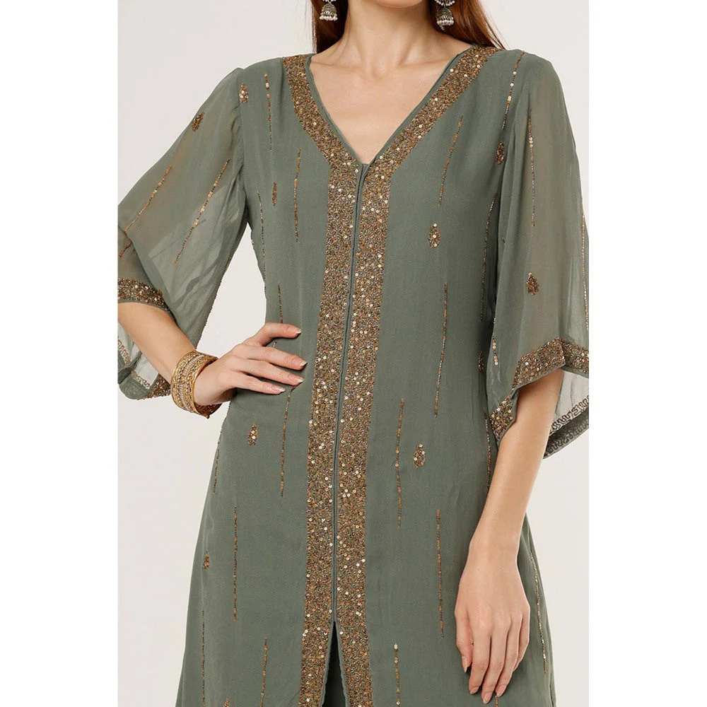 Studio A Olive Green Embroidered Kurta with Pant (Set of 2) - Image 4