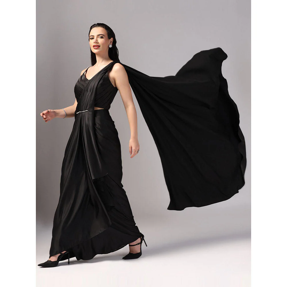 Sunanta Madaan Black Indo Western Pre-Draped Saree with Stitched Blouse - Image 4