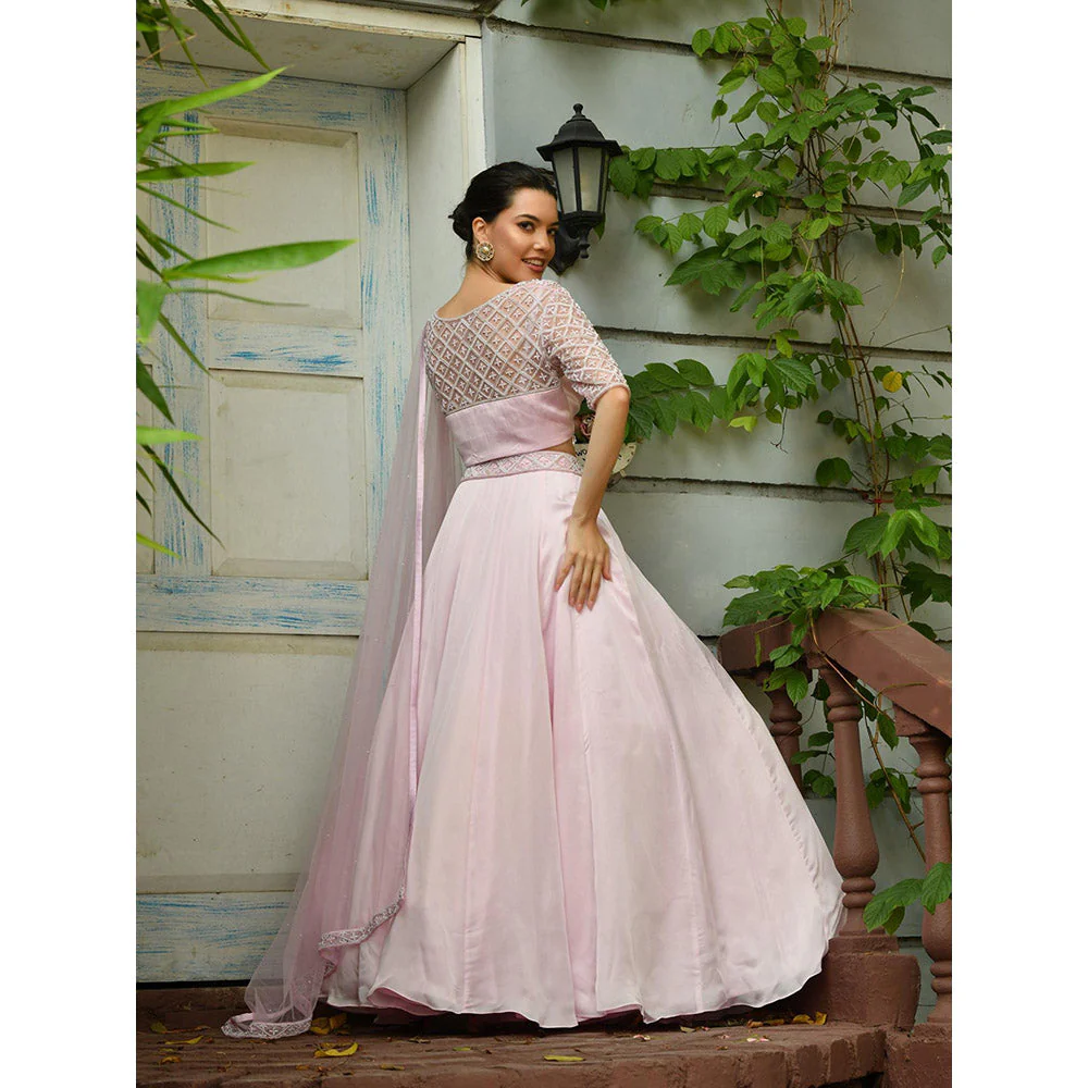 Sunanta Madaan Pink Colour Indo Western Lehenga with Blouse and Dupatta (Set of 3) - Image 5