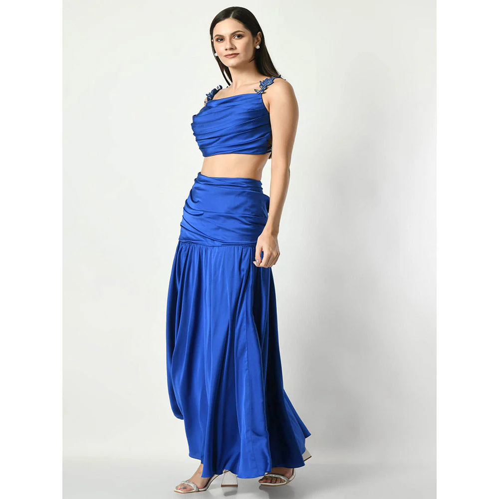 Sunanta Madaan Royal Blue Skirt with Embroidered Crop Top (Set of 2) - Image 3
