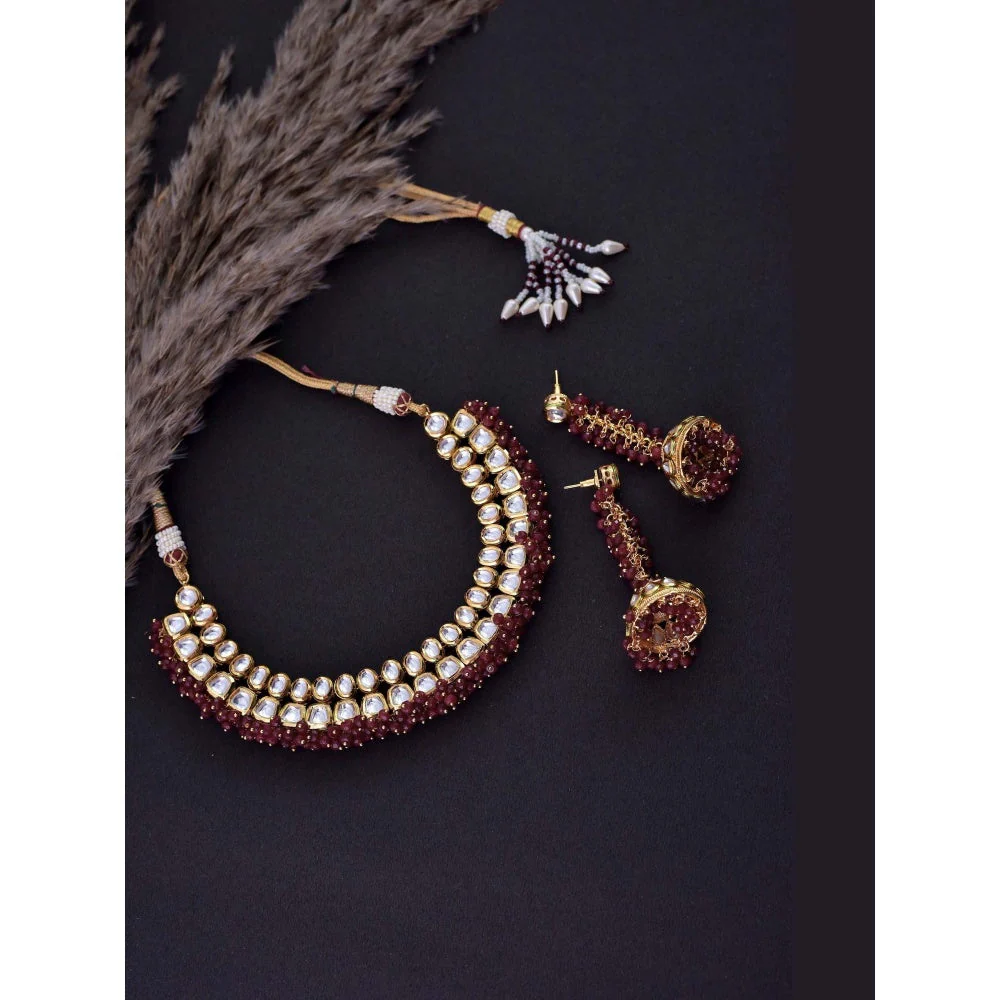 SWABHIMANN Daariya Red Gold Plated Kundan Necklace with Earrings Set - Image 4