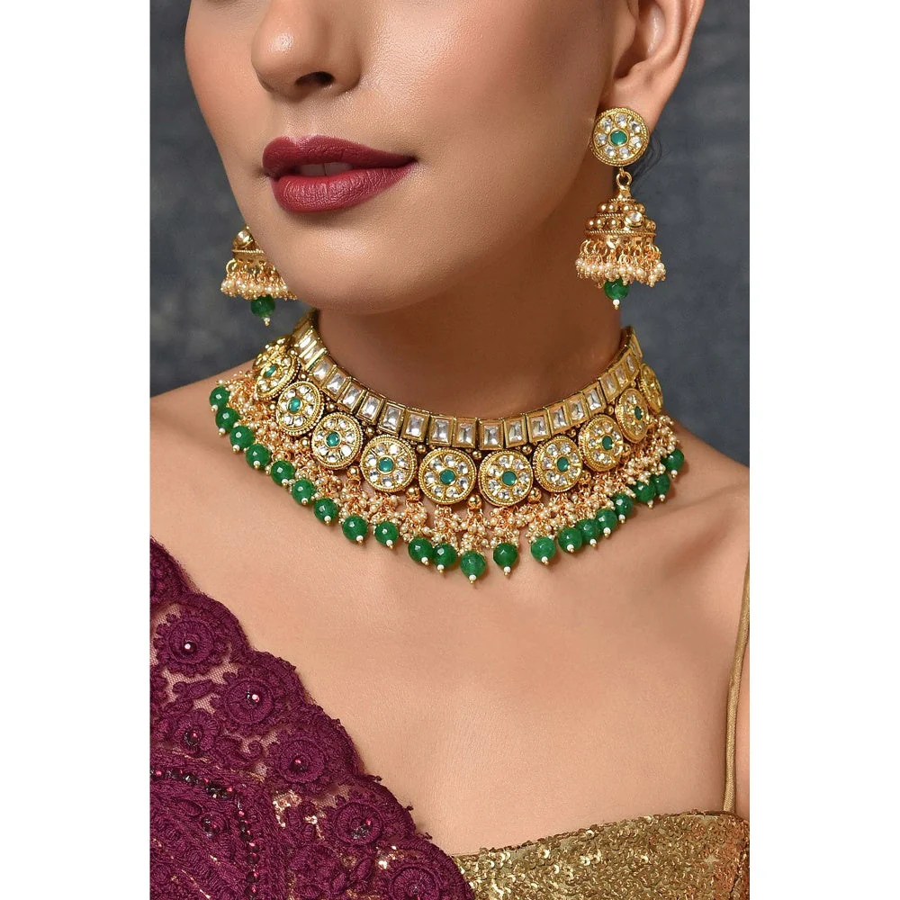 SWABHIMANN Ehsaas Green Gold Plated Kundan Necklace with Earrings Set - Image 3