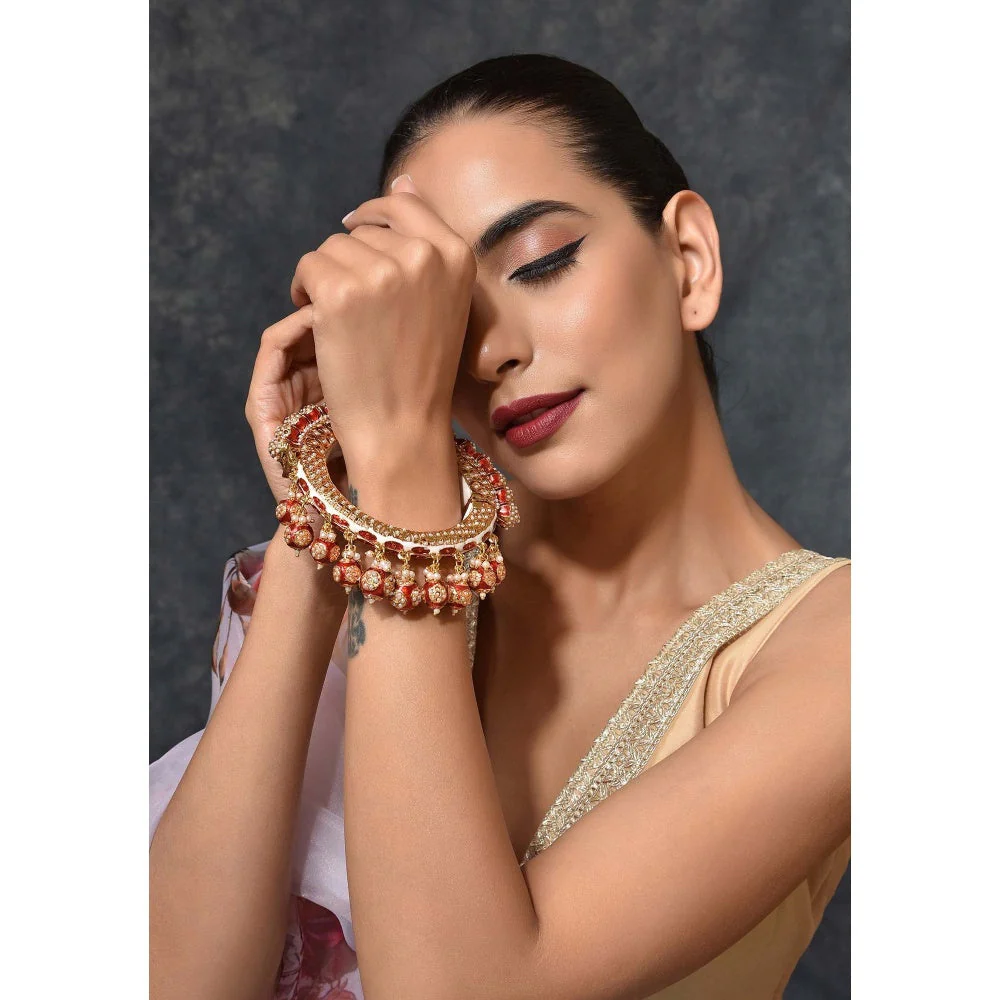SWABHIMANN Gauri Gold Plated Red Meenakari Jadau Kada - Image 4