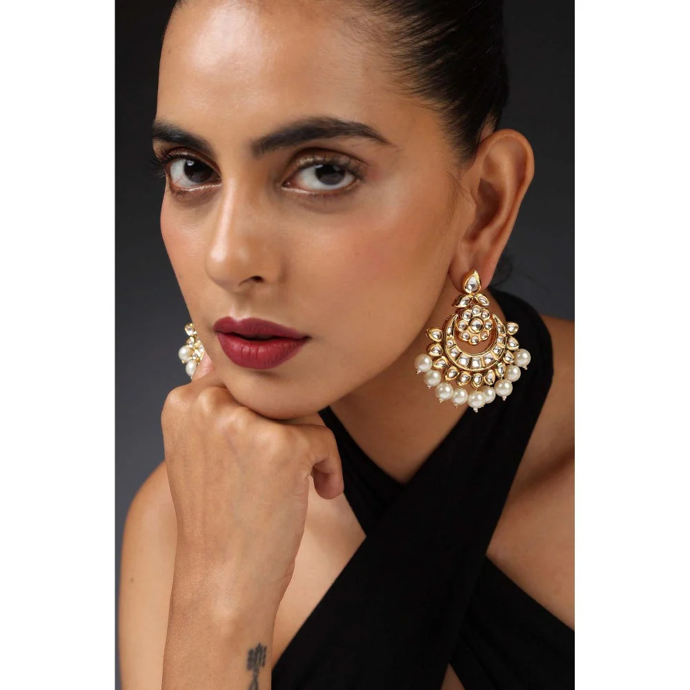 SWABHIMANN Hanka Gold Kundan and Pearl Chandbali Earrings