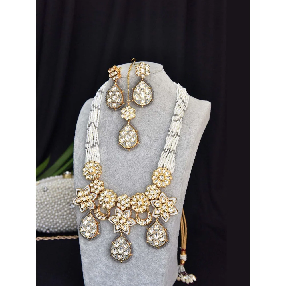SWABHIMANN Mandira Grey Gold Plated Kundan Bridal Necklace with Earrings Set - Image 2