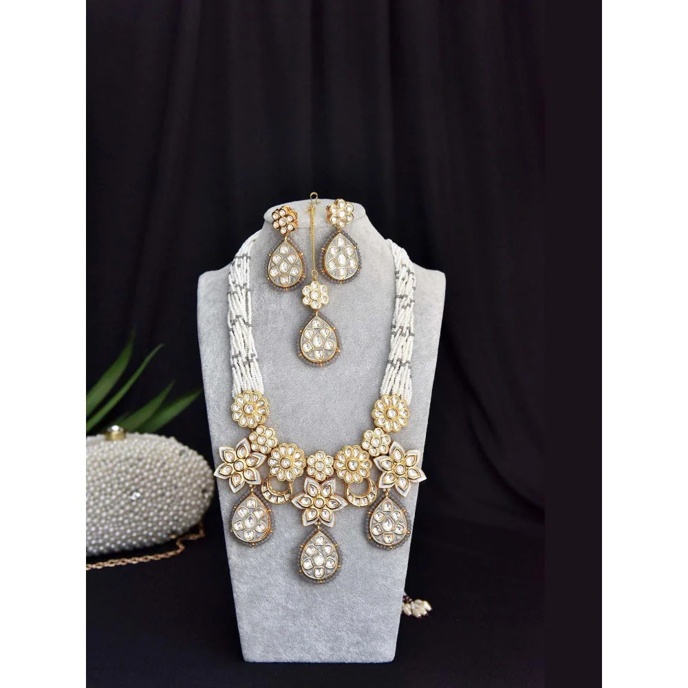 SWABHIMANN Mandira Grey Gold Plated Kundan Bridal Necklace with Earrings Set - Image 5