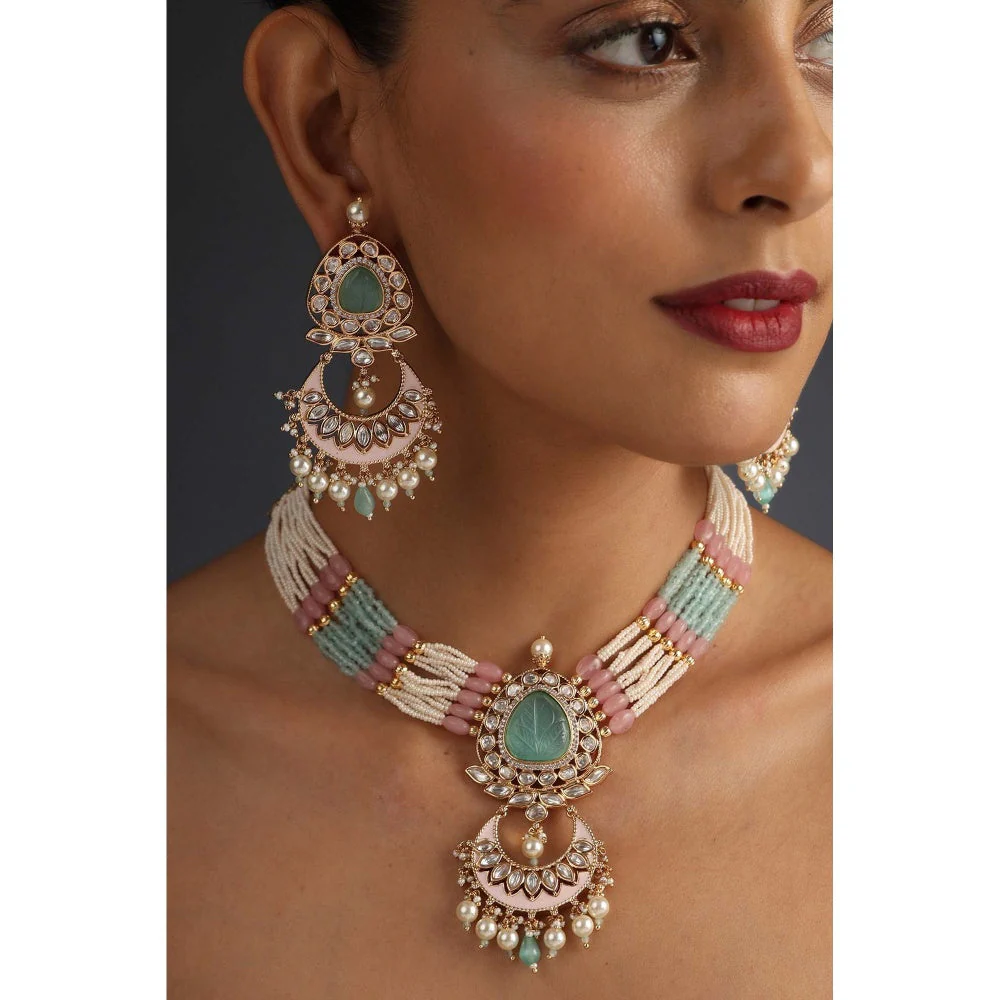SWABHIMANN Qayannat Mint and Pink Polki Silver Necklace with Earrings Set - Image 3