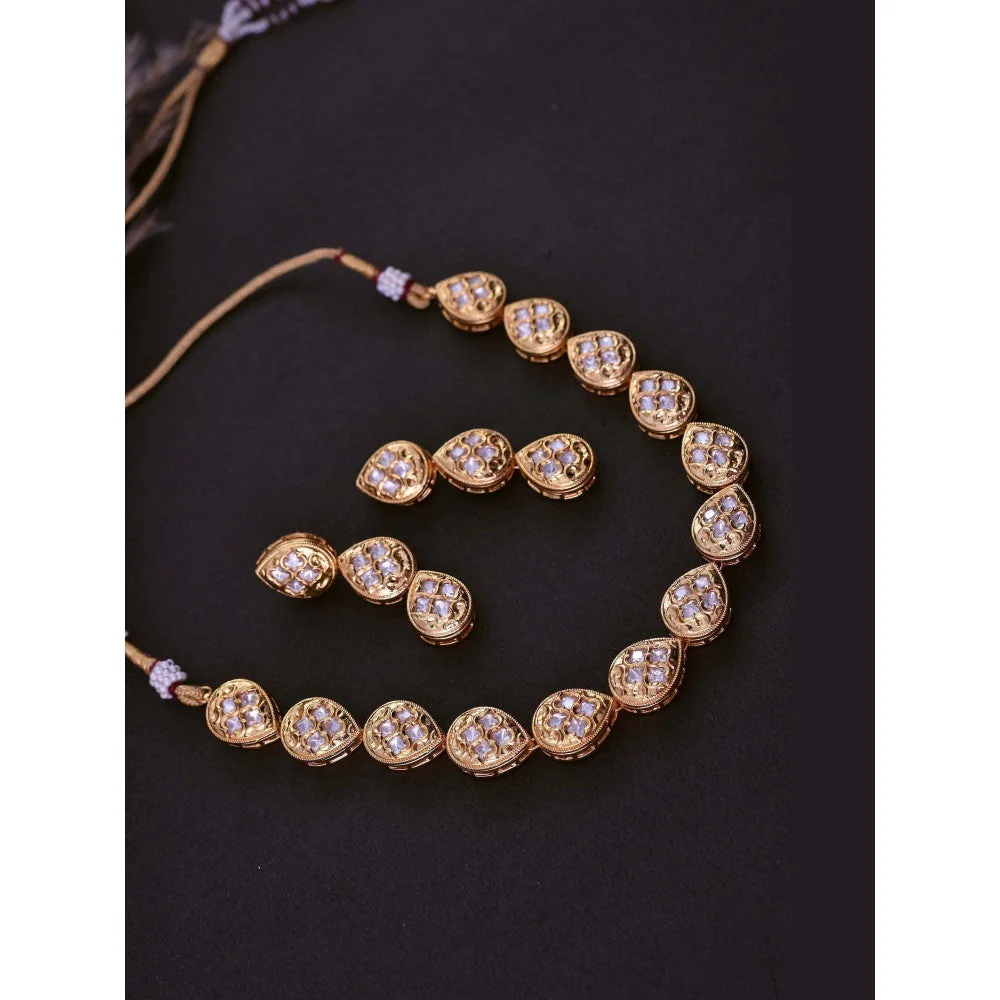 SWABHIMANN Visha Gold Plated Polki Single Line Necklace with Earrings - Image 4