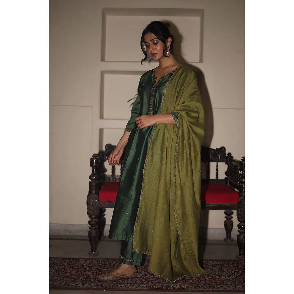 Tatwa Designs Bottle Green Heritage Jhumka Chanderi Kurta with Pant & Dupatta (Set of 3) - Image 2