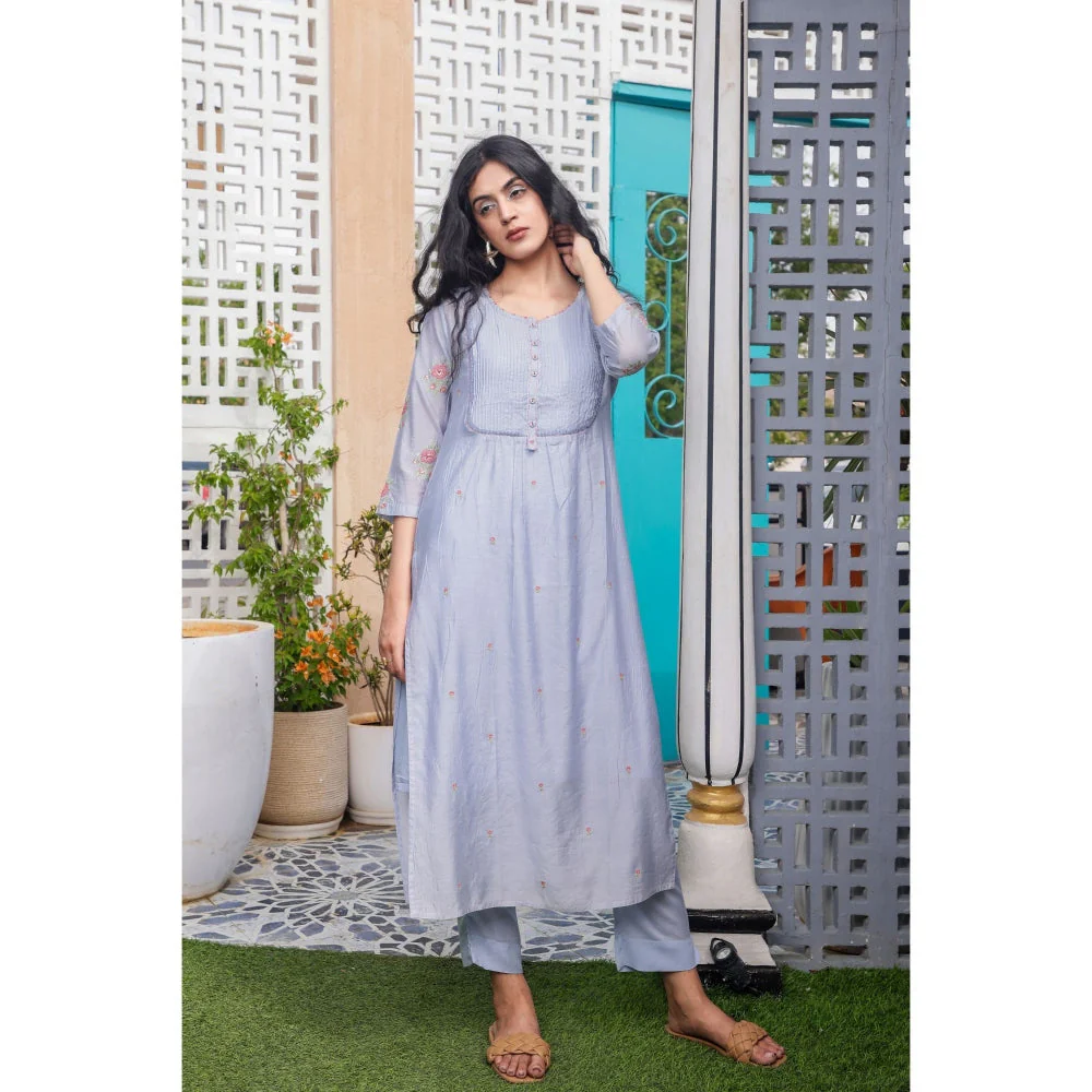 Tatwa Designs Midnight Blue Yoke Pintuck Kurta (Set of 3)